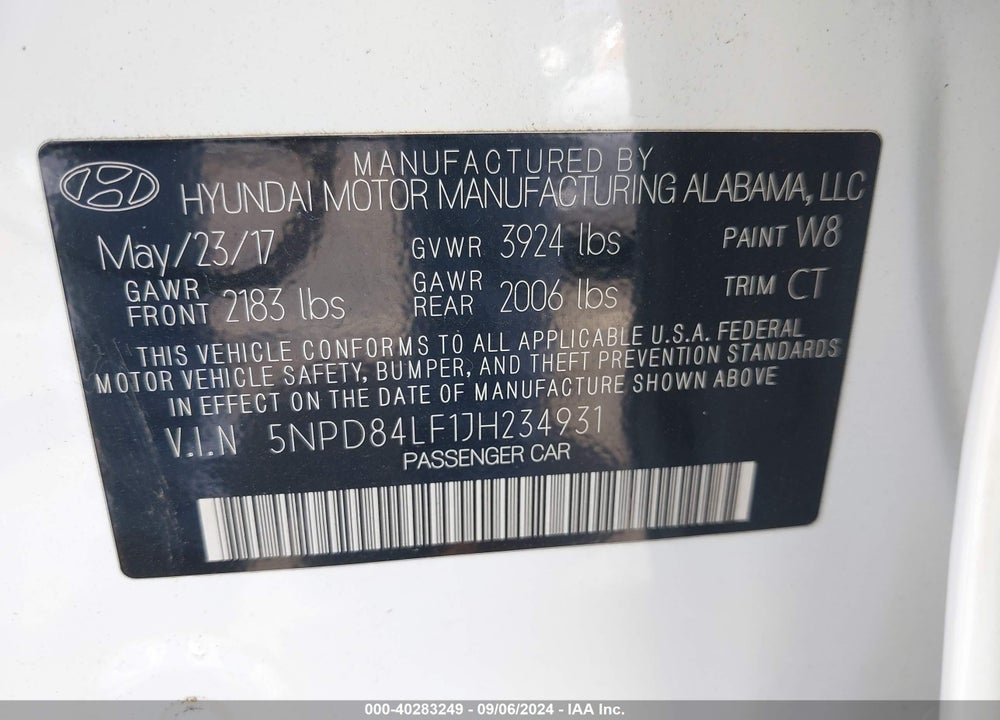2018 HYUNDAI ELANTRA SEL VIN: 5NPD84LF1JH234931