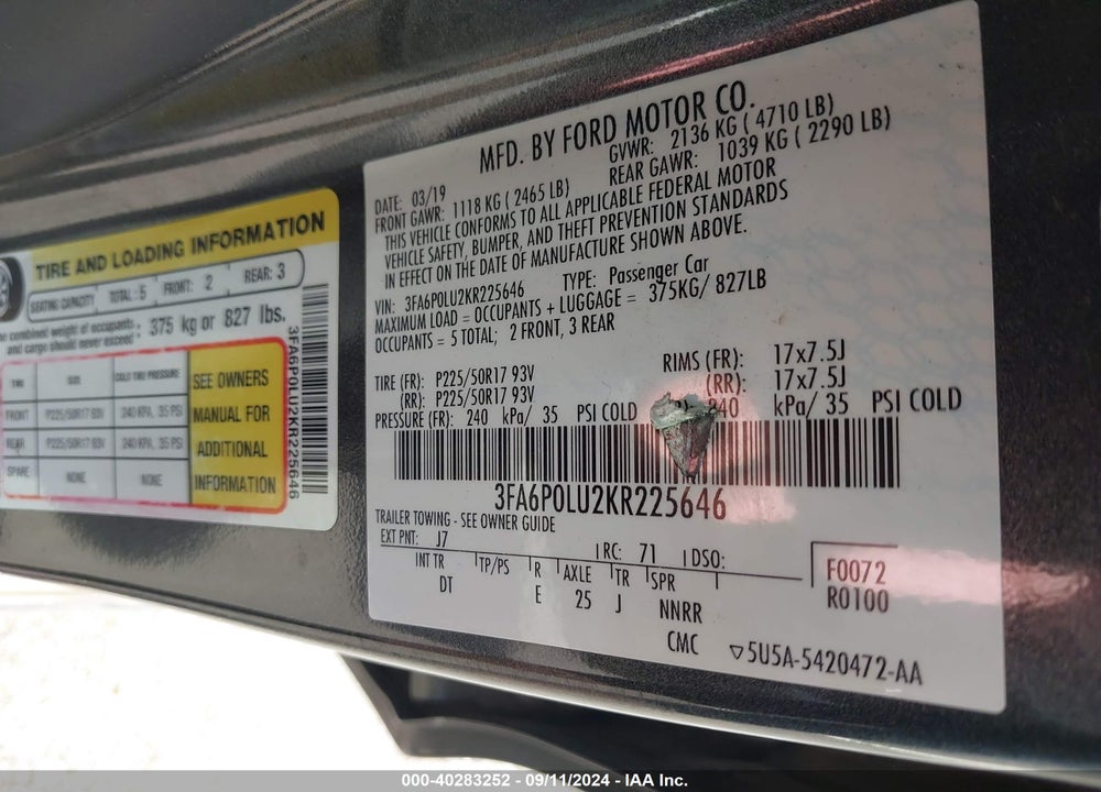 2019 FORD FUSION HYBRID SE VIN: 3FA6P0LU2KR225646