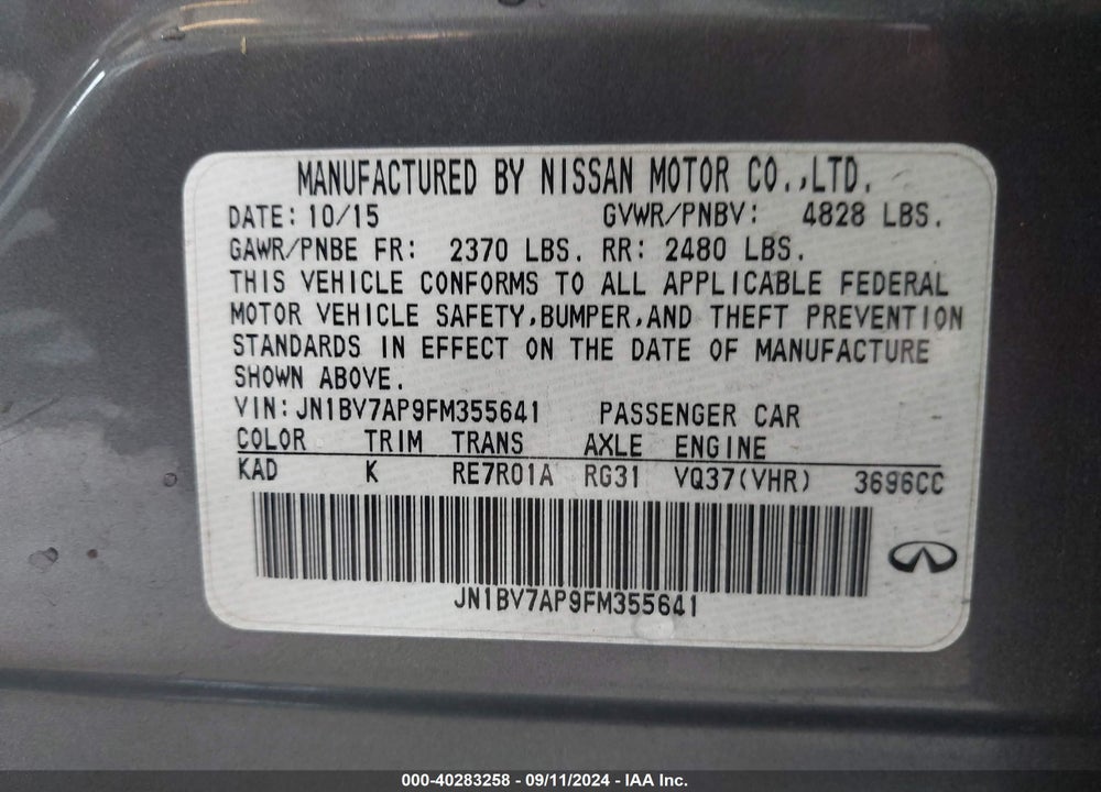 2015 INFINITI Q50 PREMIUM VIN: JN1BV7AP9FM355641