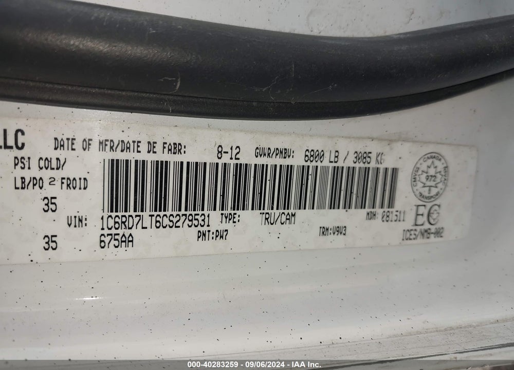 2012 RAM 1500 SLT VIN: 1C6RD7LT6CS279531
