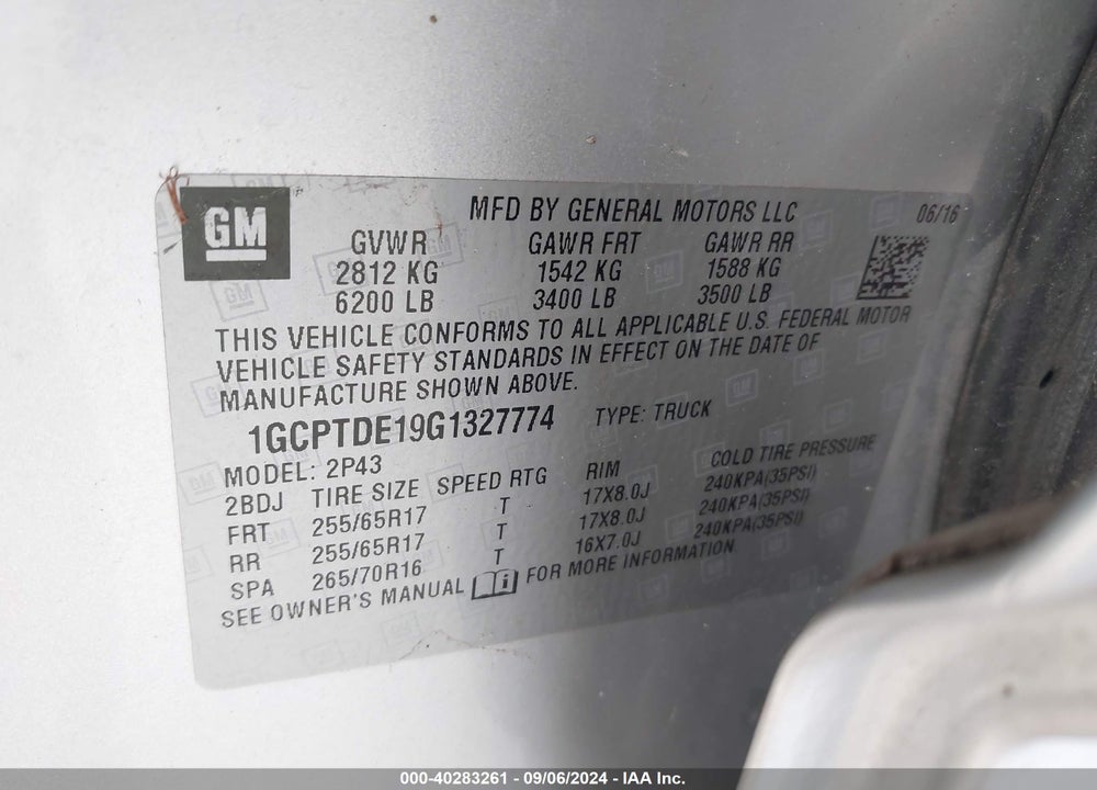 2016 CHEVROLET COLORADO Z71 VIN: 1GCPTDE19G1327774