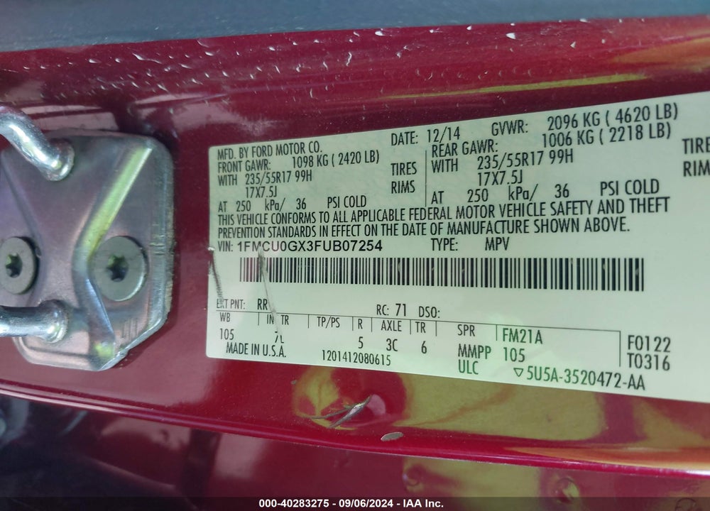 2015 FORD ESCAPE SE VIN: 1FMCU0GX3FUB07254