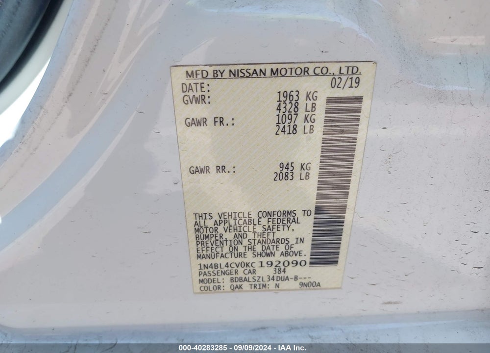 2019 NISSAN ALTIMA 2.5 SR VIN: 1N4BL4CV0KC192090
