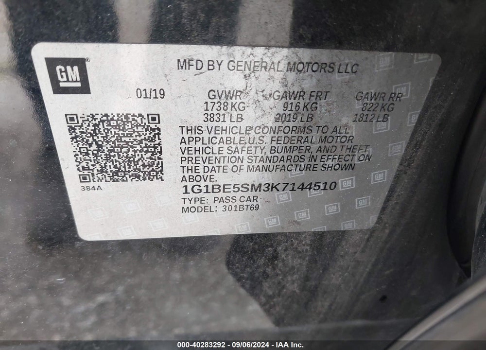 2019 CHEVROLET CRUZE LT VIN: 1G1BE5SM3K7144510