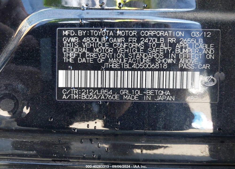 2013 LEXUS GS 350 VIN: JTHBE1BL4D5006818