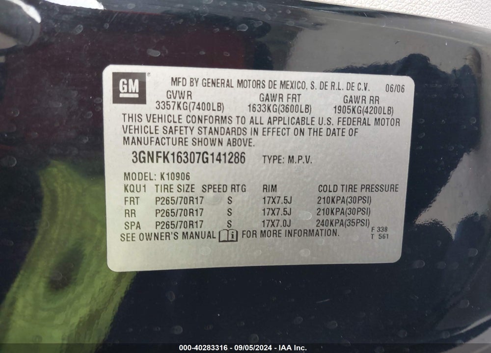 2007 CHEVROLET SUBURBAN 1500 LT VIN: 3GNFK16307G141286