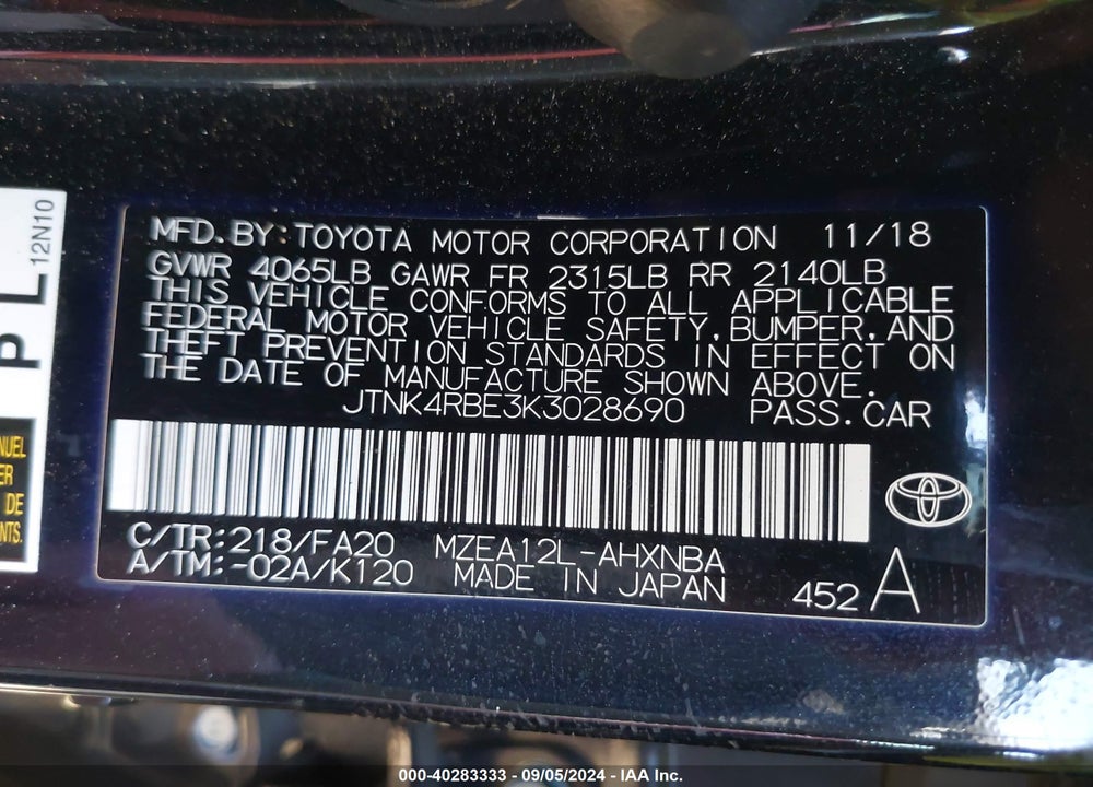 2019 TOYOTA COROLLA SE VIN: JTNK4RBE3K3028690