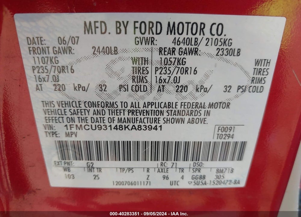 2008 FORD ESCAPE XLT VIN: 1FMCU93148KA83941