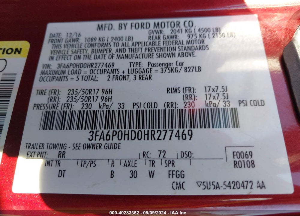 2017 FORD FUSION SE VIN: 3FA6P0HD0HR277469