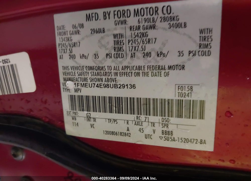 2008 FORD EXPLORER EDDIE BAUER VIN: 1FMEU74E98UB29136