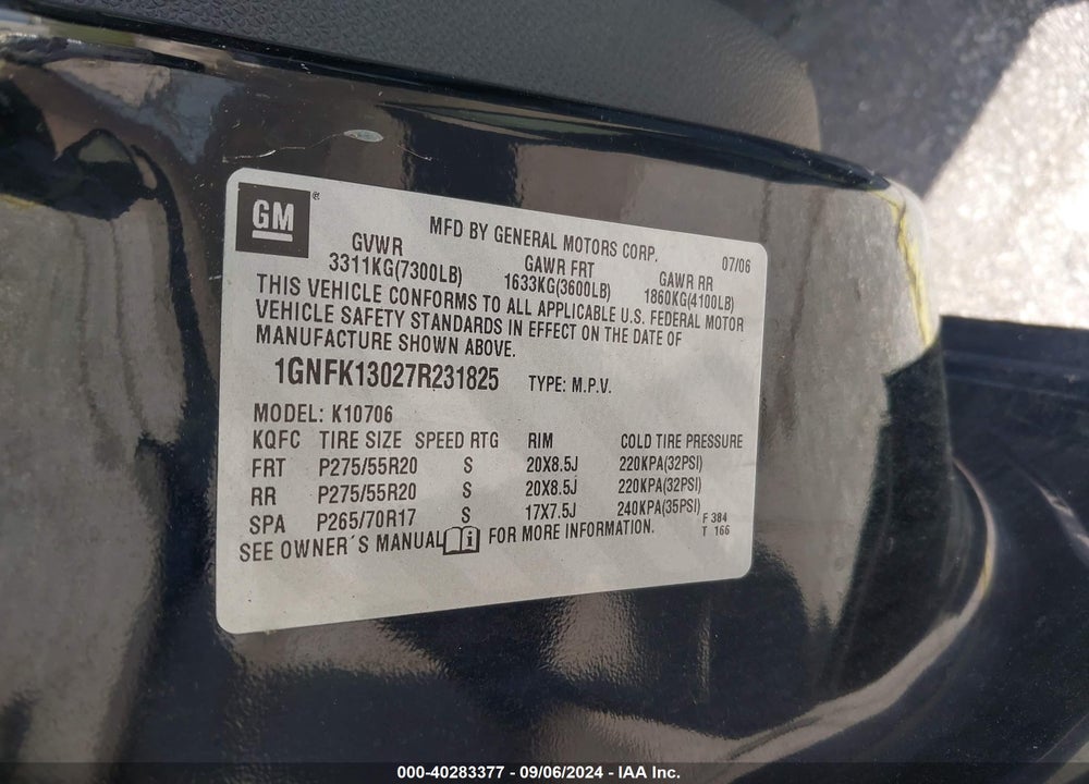 2007 CHEVROLET TAHOE LTZ VIN: 1GNFK13027R231825