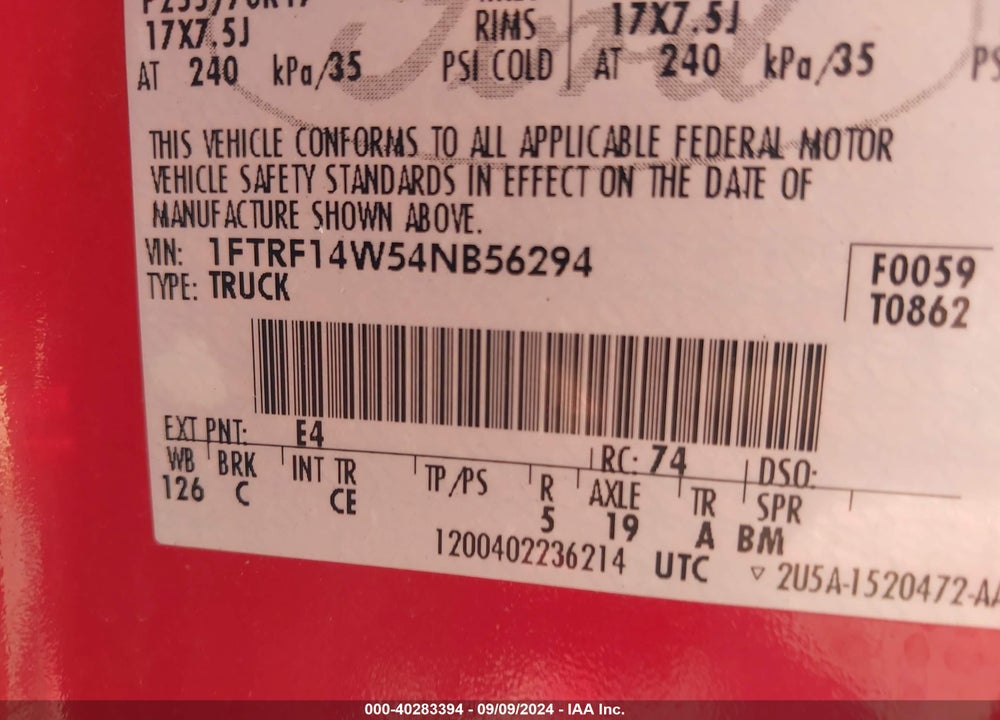 2004 FORD F-150 STX/XL/XLT VIN: 1FTRF14W54NB56294