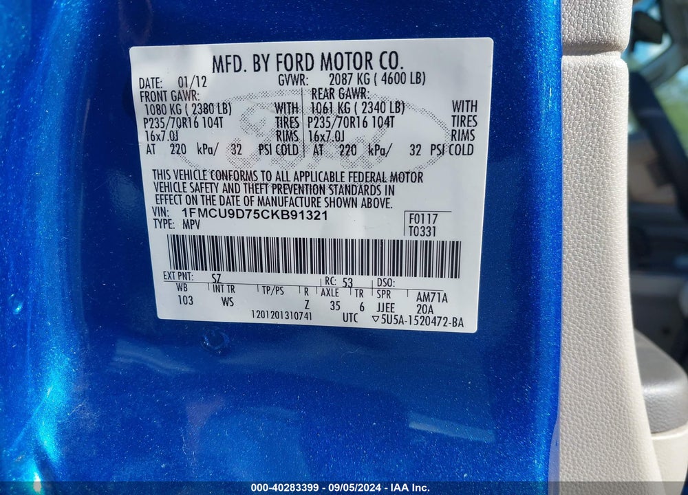 2012 FORD ESCAPE XLT VIN: 1FMCU9D75CKB91321