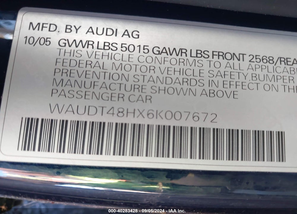 2006 AUDI A4 3.0 VIN: WAUDT48HX6K007672