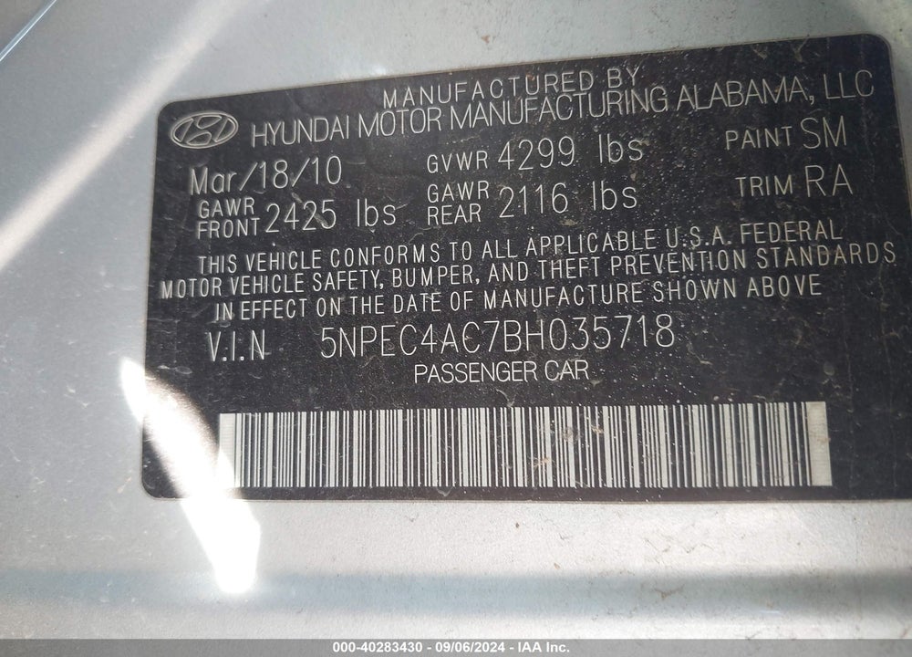 2011 HYUNDAI SONATA SE VIN: 5NPEC4AC7BH035718