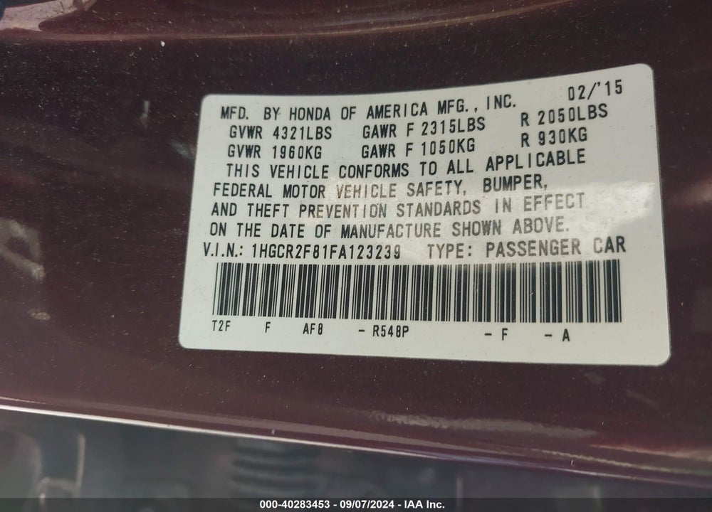 2015 HONDA ACCORD EX-L VIN: 1HGCR2F81FA123239