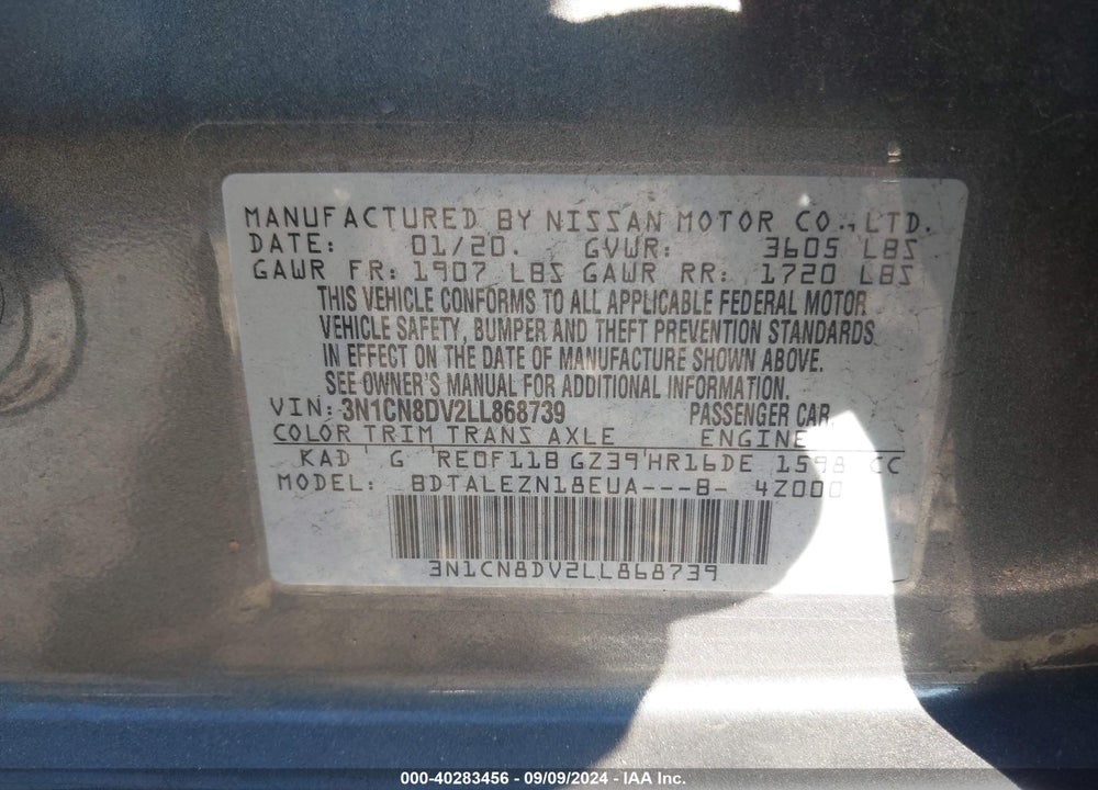 2020 NISSAN VERSA S XTRONIC CVT VIN: 3N1CN8DV2LL868739