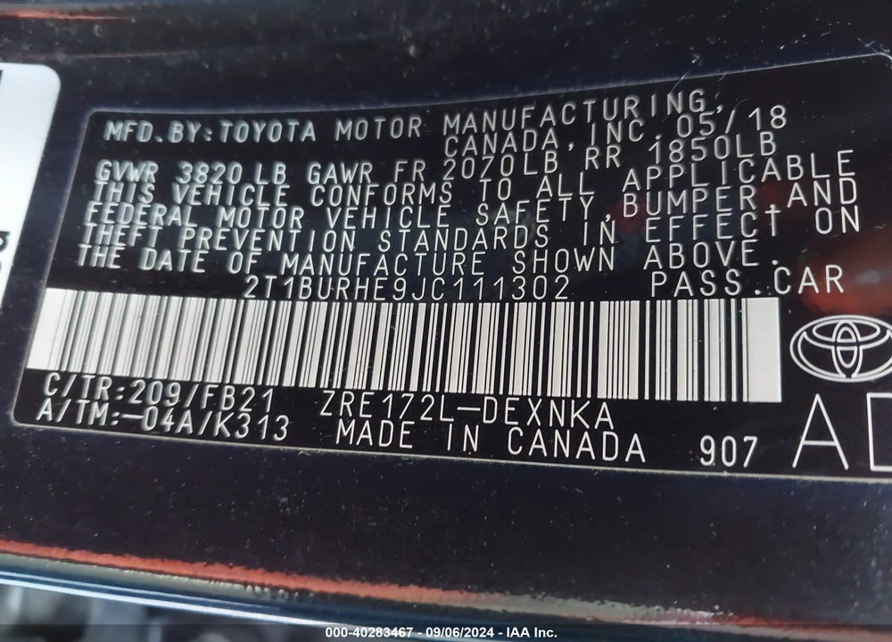 2018 TOYOTA COROLLA LE VIN: 2T1BURHE9JC111302