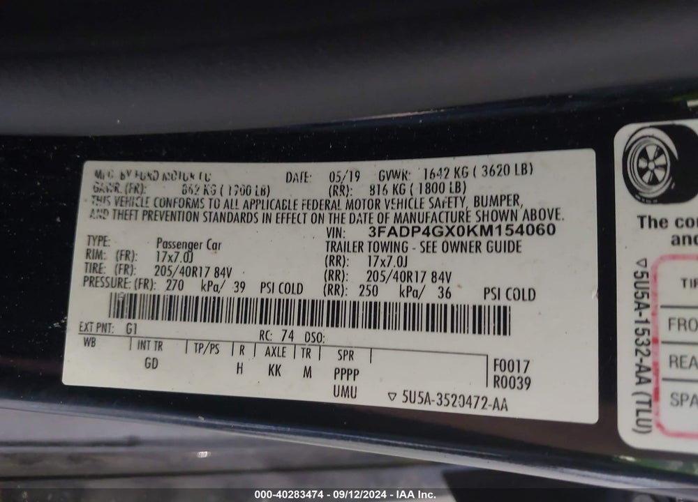 2019 FORD FIESTA ST VIN: 3FADP4GX0KM154060