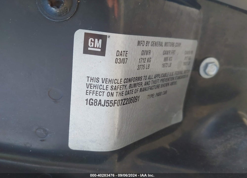 2007 SATURN ION 2 VIN: 1G8AJ55F07Z206091