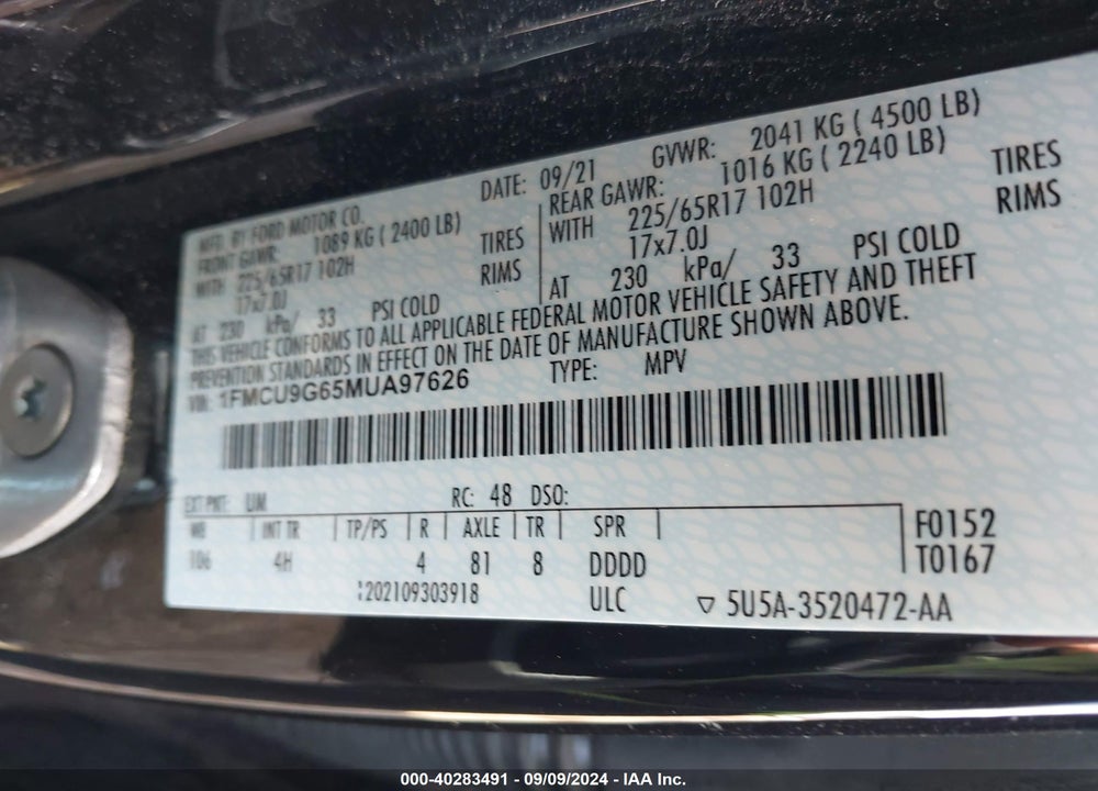 2021 FORD ESCAPE SE VIN: 1FMCU9G65MUA97626
