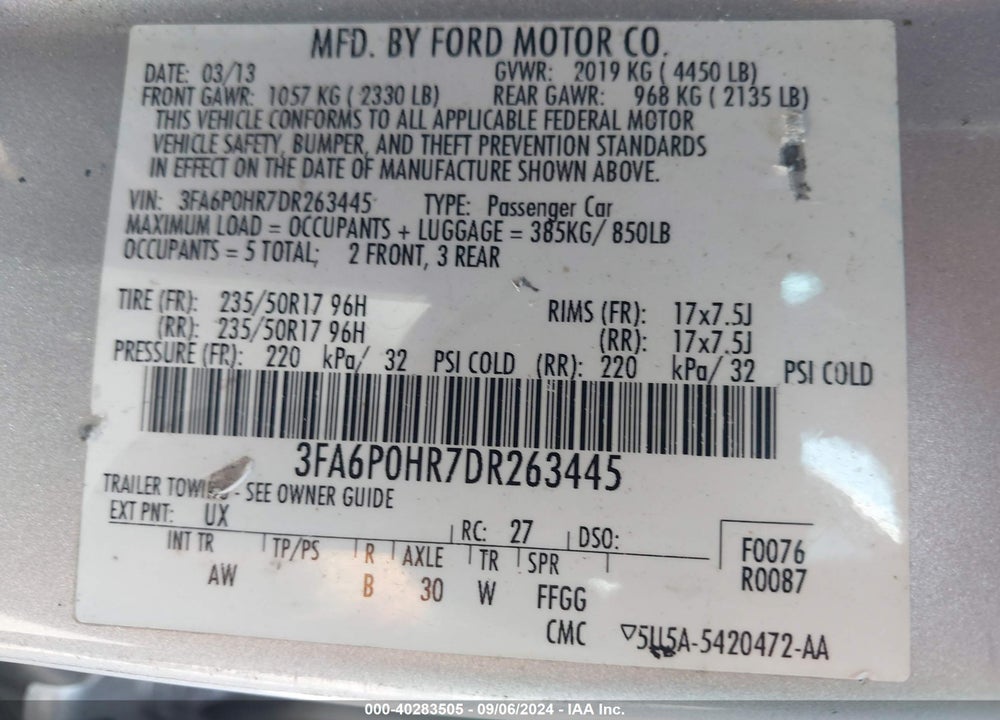 2013 FORD FUSION SE VIN: 3FA6P0HR7DR263445