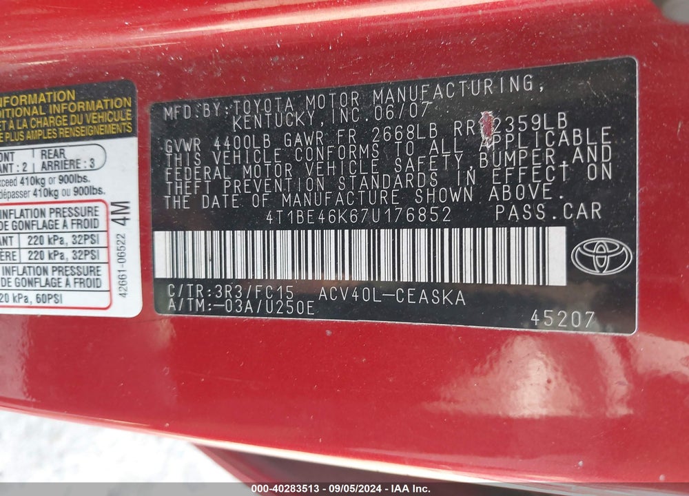 2007 TOYOTA CAMRY SE VIN: 4T1BE46K67U176852