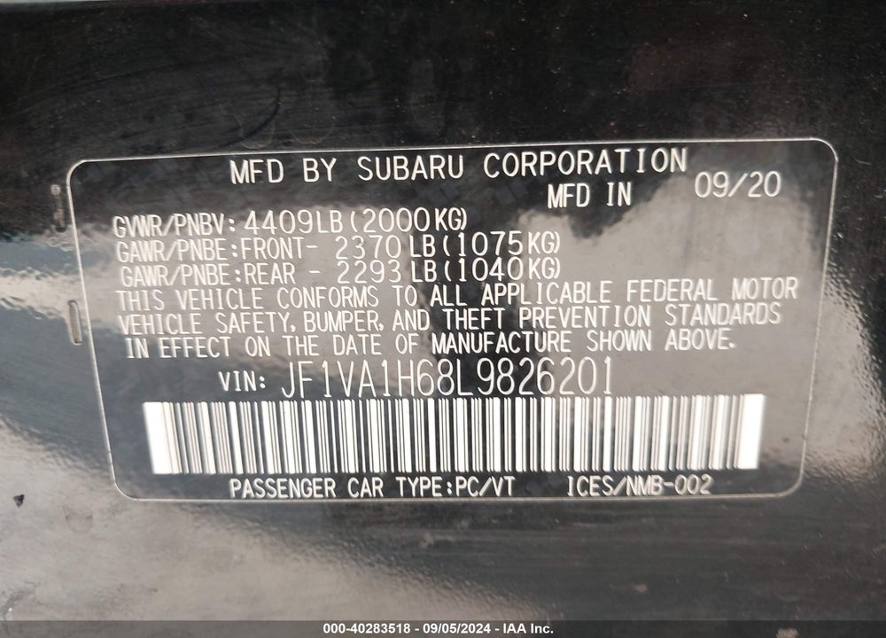 2020 SUBARU WRX LIMITED VIN: JF1VA1H68L9826201