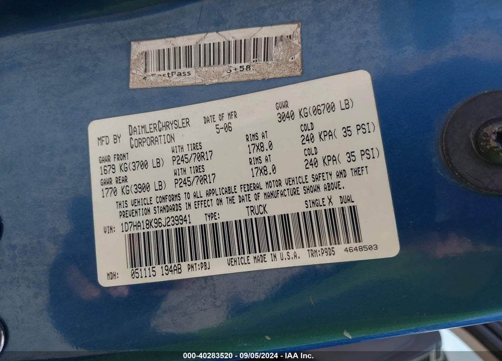 2006 DODGE RAM 1500 ST VIN: 1D7HA18K96J239941