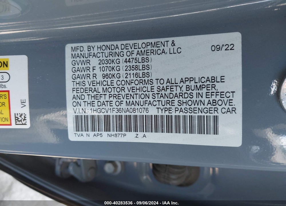 2022 HONDA ACCORD SPORT VIN: 1HGCV1F36NA081076