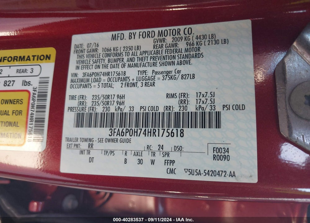 2017 FORD FUSION SE VIN: 3FA6P0H74HR175618