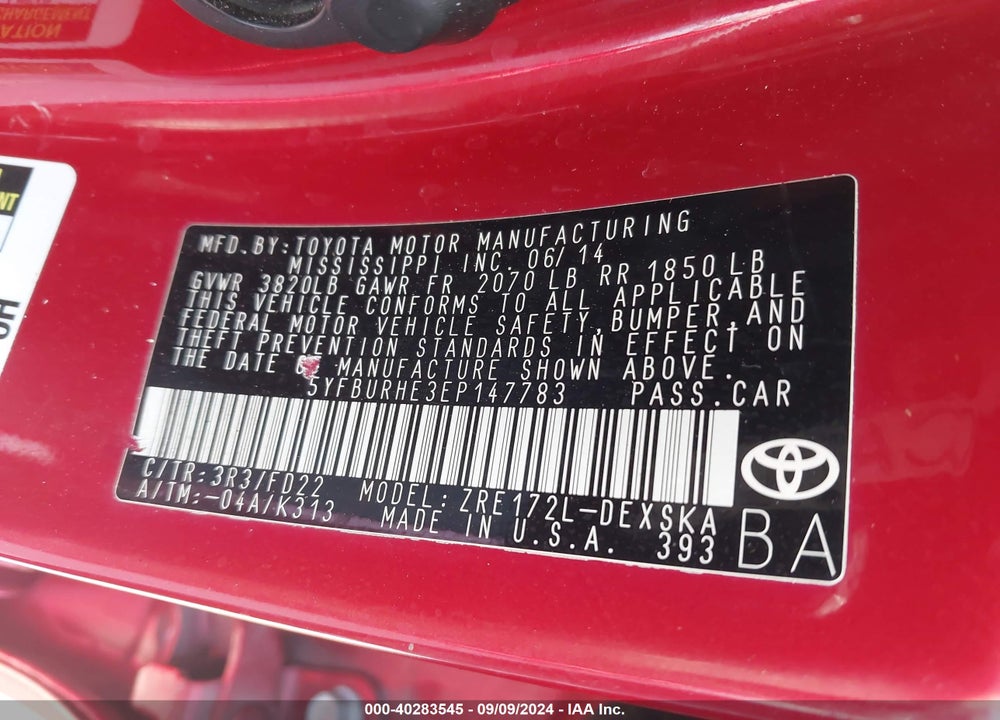 2014 TOYOTA COROLLA S PLUS VIN: 5YFBURHE3EP147783