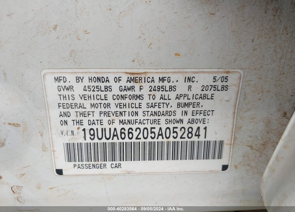 2005 ACURA TL VIN: 19UUA66205A052841