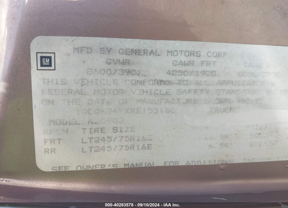 1994 CHEVROLET GMT-400 K2500 VIN: 1GCGK24FXRE153150