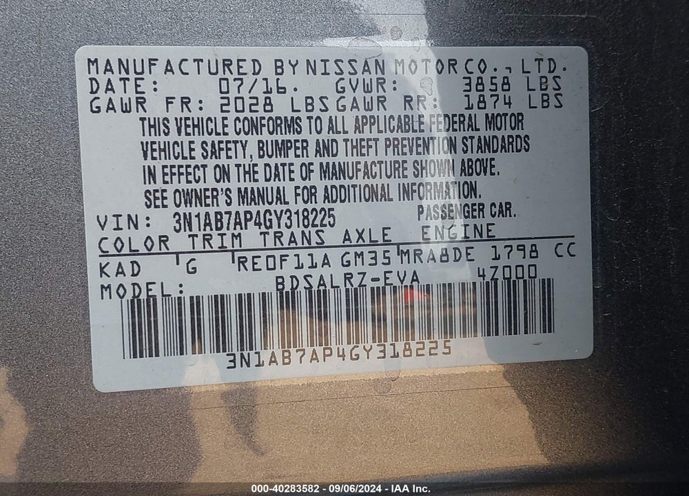 2016 NISSAN SENTRA SR VIN: 3N1AB7AP4GY318225