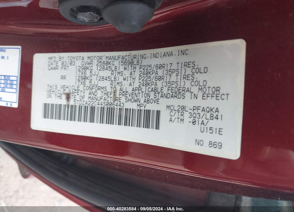 2004 TOYOTA SIENNA VIN: 5TDZA22C44S006443