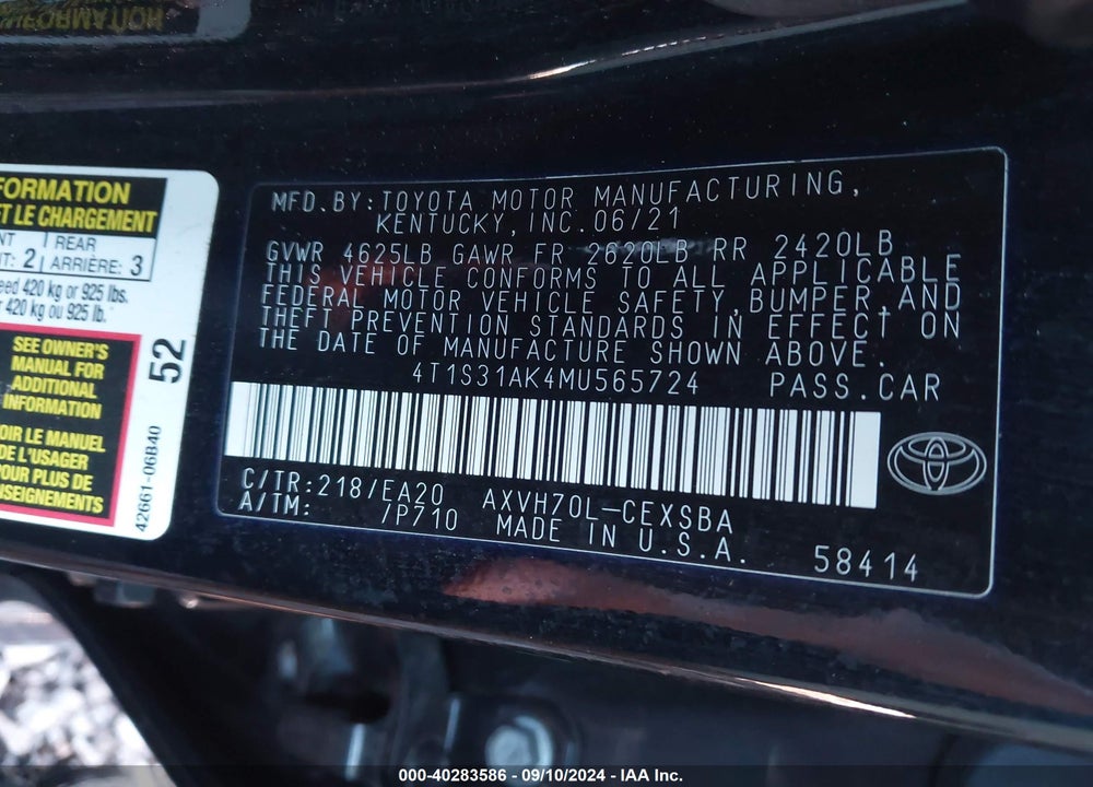 2021 TOYOTA CAMRY SE HYBRID VIN: 4T1S31AK4MU565724