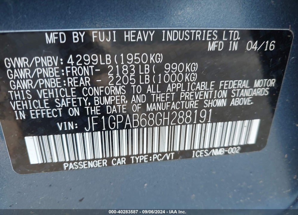 2016 SUBARU IMPREZA 2.0I PREMIUM VIN: JF1GPAB68GH288191