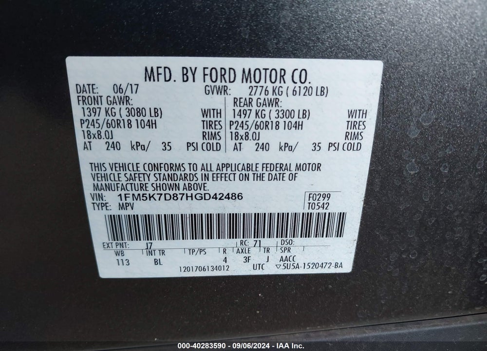 2017 FORD EXPLORER XLT VIN: 1FM5K7D87HGD42486
