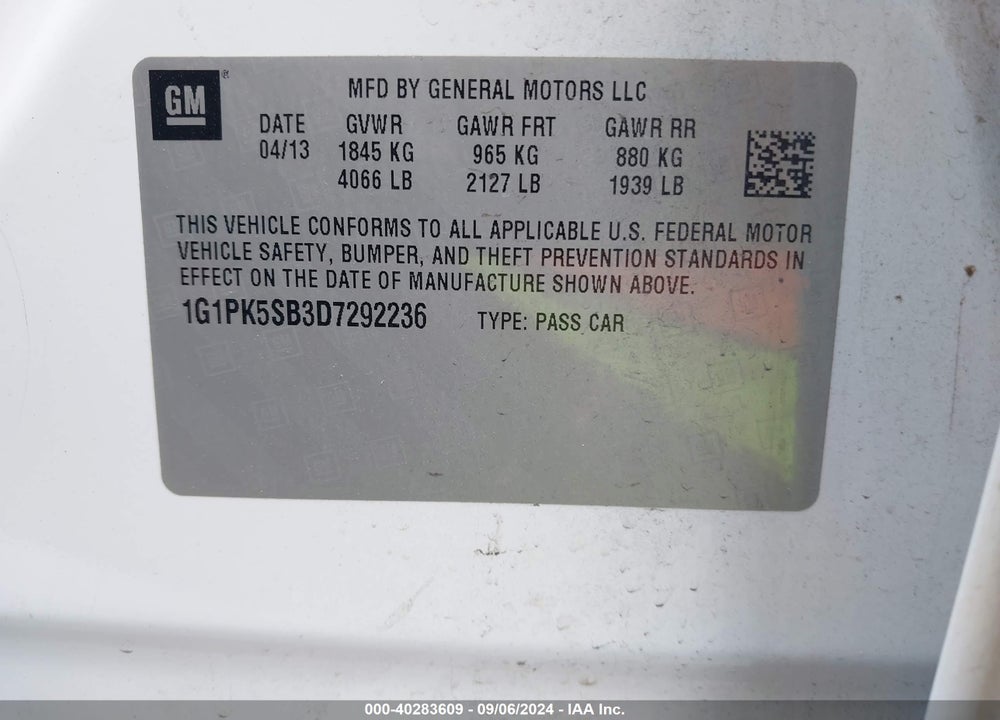 2013 CHEVROLET CRUZE LT VIN: 1G1PK5SB3D7292236