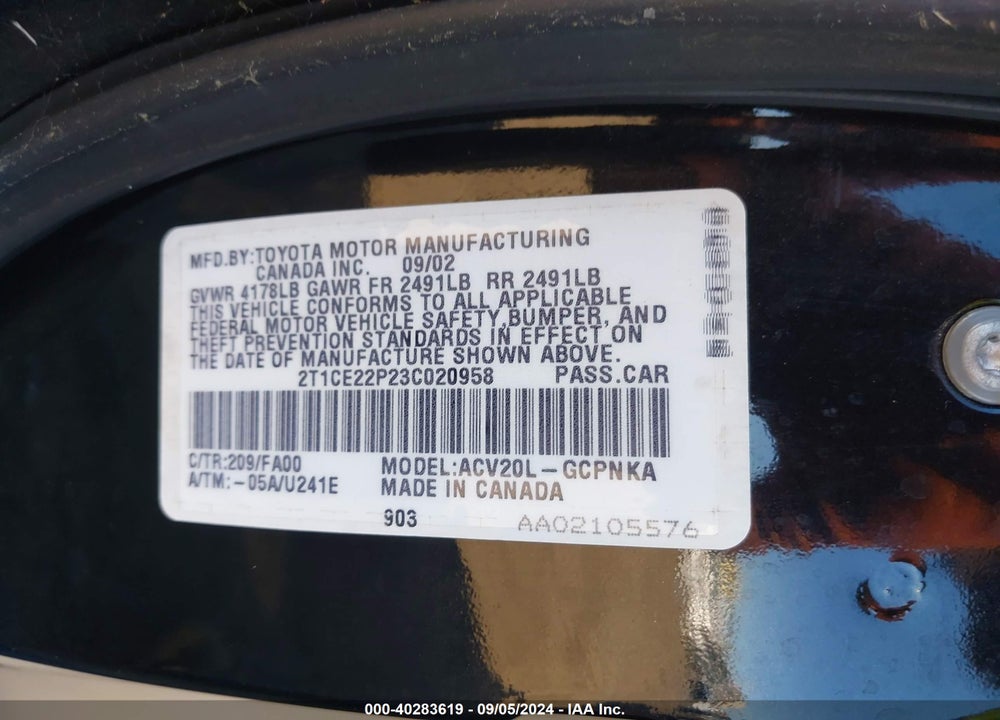 2003 TOYOTA CAMRY SOLARA SE VIN: 2T1CE22P23C020958