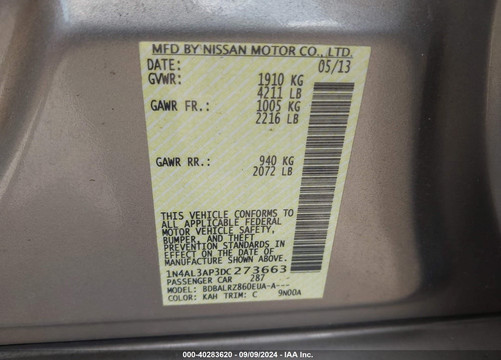 2013 NISSAN ALTIMA 2.5 S VIN: 1N4AL3AP3DC273663
