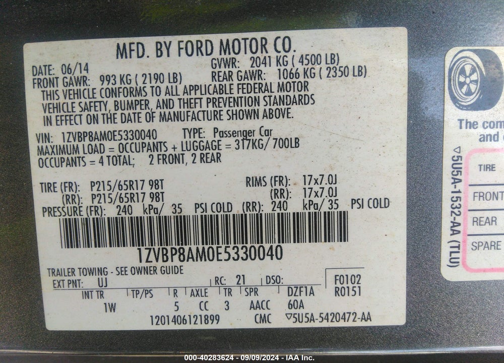 2014 FORD MUSTANG V6 VIN: 1ZVBP8AM0E5330040