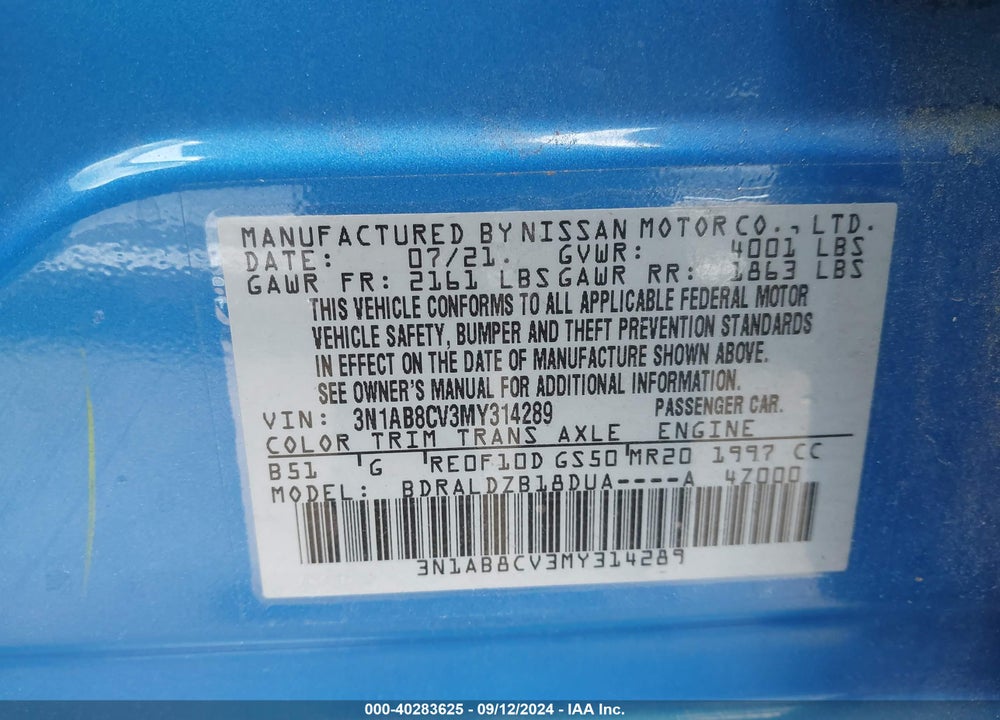 2021 NISSAN SENTRA SV XTRONIC CVT VIN: 3N1AB8CV3MY314289