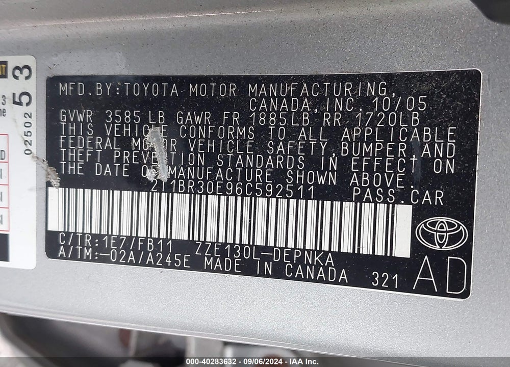 2006 TOYOTA COROLLA VIN: 2T1BR30E96C592511