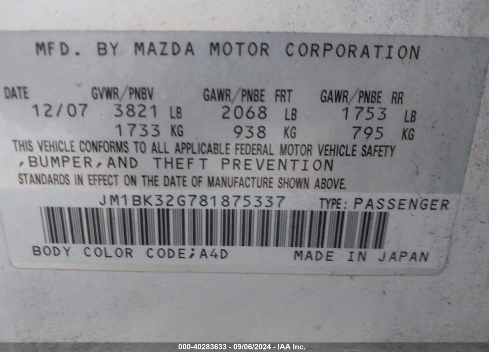 2008 MAZDA 3 I VIN: JM1BK32G781875337