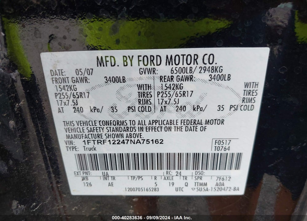 2007 FORD F-150 STX/XL/XLT VIN: 1FTRF12247NA75162