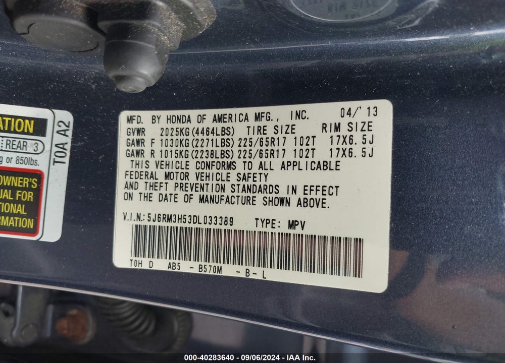 2013 HONDA CR-V EX VIN: 5J6RM3H53DL033389