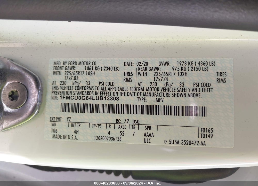 2020 FORD ESCAPE SE VIN: 1FMCU0G64LUB13308