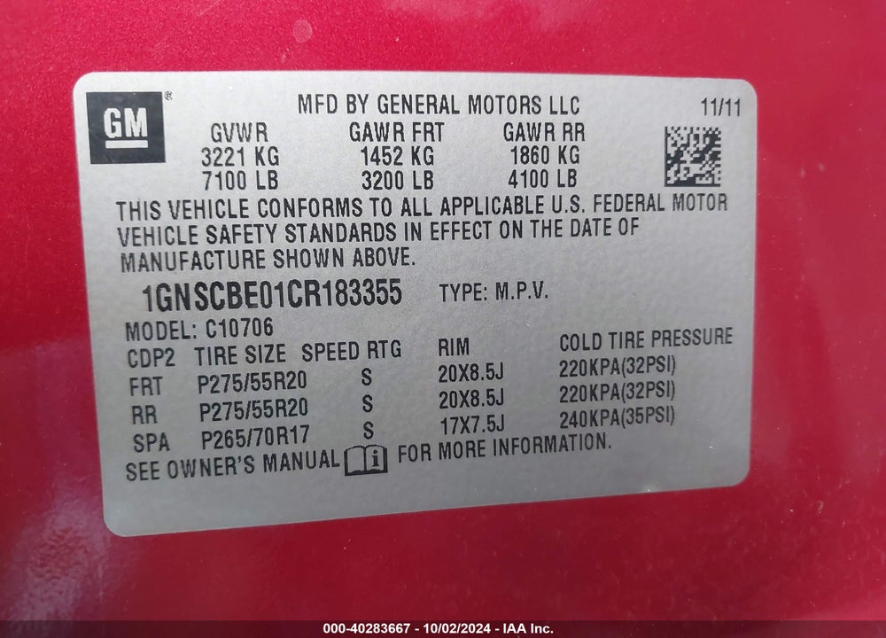 2012 CHEVROLET TAHOE LT VIN: 1GNSCBE01CR183355